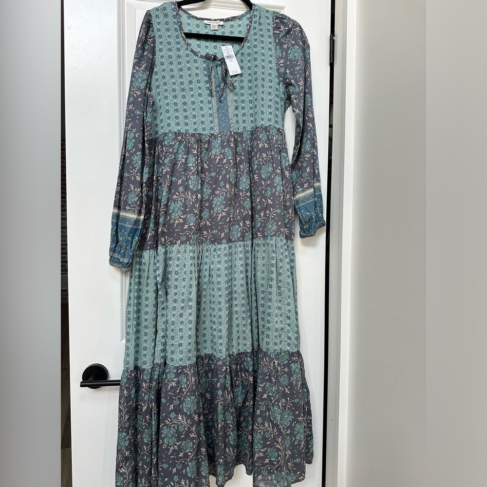 American Eagle Outfitters Green and Blue Smocked Tie Front Maxi Sundress